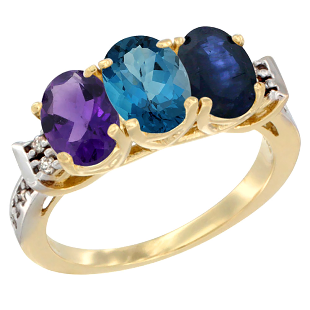 10K Yellow Gold Natural Amethyst, London Blue Topaz &amp; Blue Sapphire Ring 3-Stone Oval 7x5 mm Diamond Accent, sizes 5 - 10