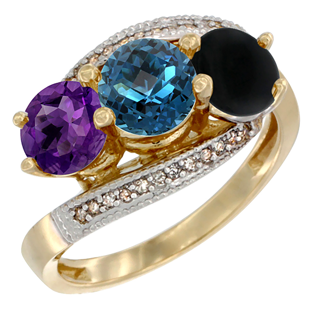 10K Yellow Gold Natural Amethyst, London Blue Topaz &amp; Black Onyx 3 stone Ring Round 6mm Diamond Accent, sizes 5 - 10