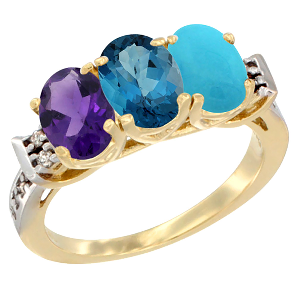 10K Yellow Gold Natural Amethyst, London Blue Topaz & Turquoise Ring 3-Stone Oval 7x5 mm Diamond Accent, sizes 5 - 10