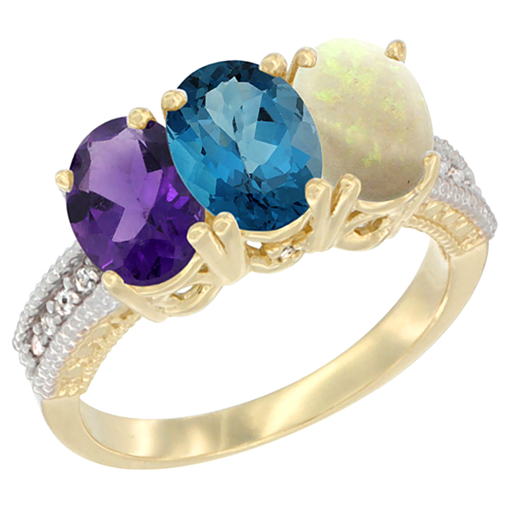 14K Yellow Gold Natural Amethyst, London Blue Topaz & Opal Ring 3-Stone 7x5 mm Oval Diamond Accent, sizes 5 - 10