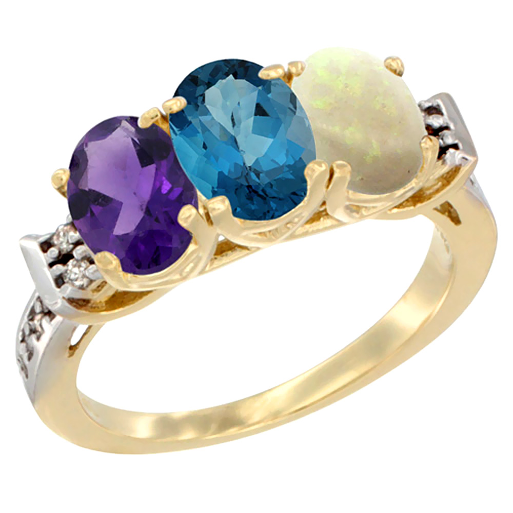 10K Yellow Gold Natural Amethyst, London Blue Topaz &amp; Opal Ring 3-Stone Oval 7x5 mm Diamond Accent, sizes 5 - 10