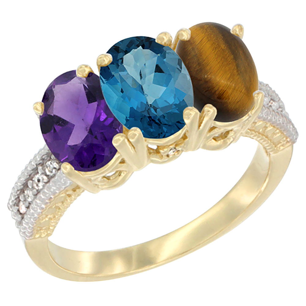 14K Yellow Gold Natural Amethyst, London Blue Topaz &amp; Tiger Eye Ring 3-Stone 7x5 mm Oval Diamond Accent, sizes 5 - 10