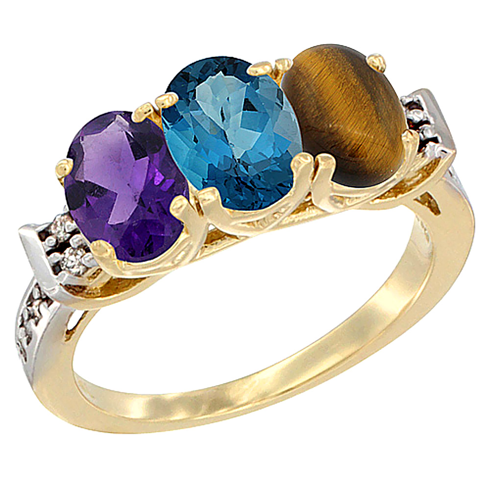 10K Yellow Gold Natural Amethyst, London Blue Topaz & Tiger Eye Ring 3-Stone Oval 7x5 mm Diamond Accent, sizes 5 - 10