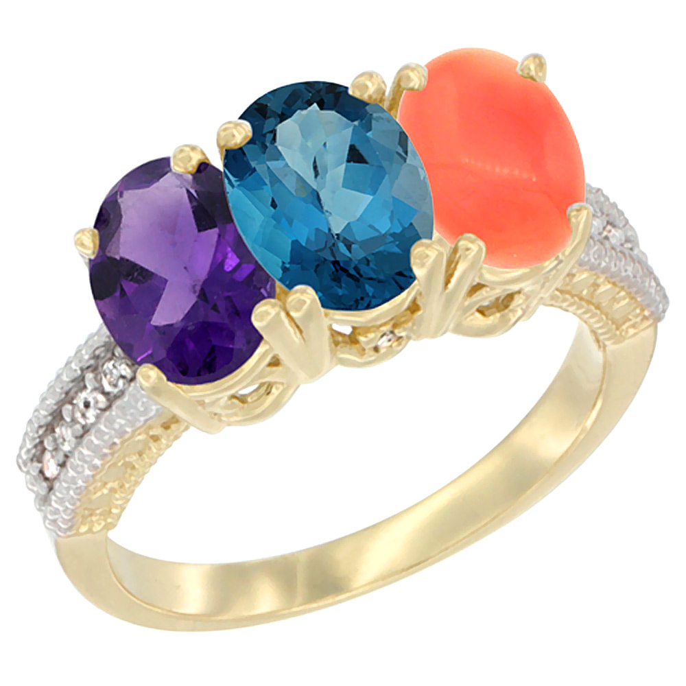 14K Yellow Gold Natural Amethyst, London Blue Topaz &amp; Coral Ring 3-Stone 7x5 mm Oval Diamond Accent, sizes 5 - 10