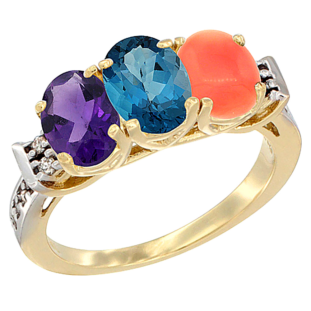 14K Yellow Gold Natural Amethyst, London Blue Topaz &amp; Coral Ring 3-Stone 7x5 mm Oval Diamond Accent, sizes 5 - 10
