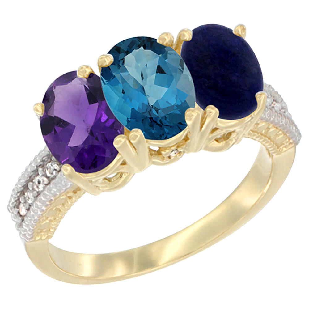 14K Yellow Gold Natural Amethyst, London Blue Topaz & Lapis Ring 3-Stone 7x5 mm Oval Diamond Accent, sizes 5 - 10