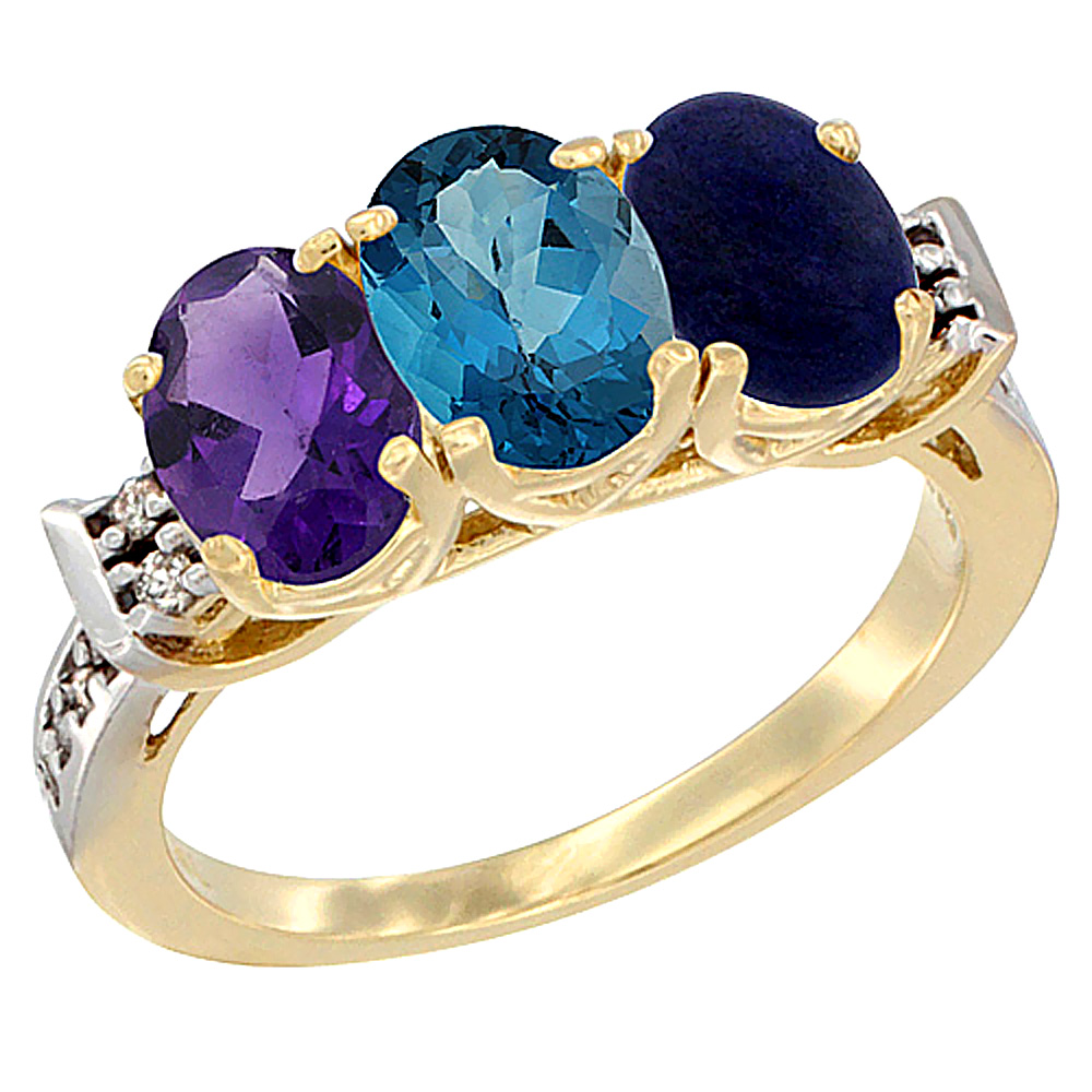 10K Yellow Gold Natural Amethyst, London Blue Topaz & Lapis Ring 3-Stone Oval 7x5 mm Diamond Accent, sizes 5 - 10