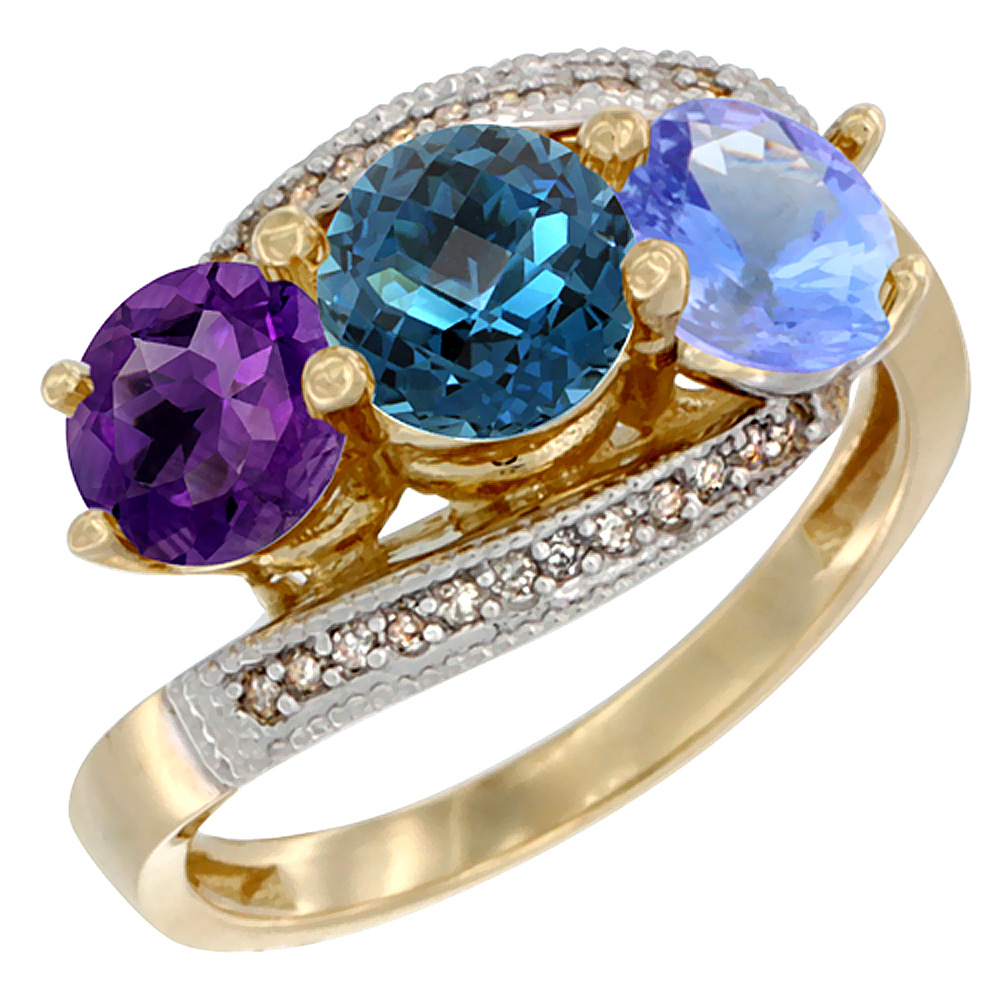 10K Yellow Gold Natural Amethyst, London Blue Topaz & Tanzanite 3 stone Ring Round 6mm Diamond Accent, sizes 5 - 10