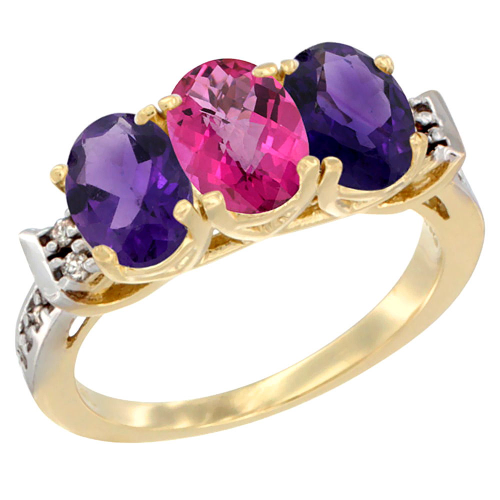 10K Yellow Gold Natural Pink Topaz & Amethyst Sides Ring 3-Stone Oval 7x5 mm Diamond Accent, sizes 5 - 10