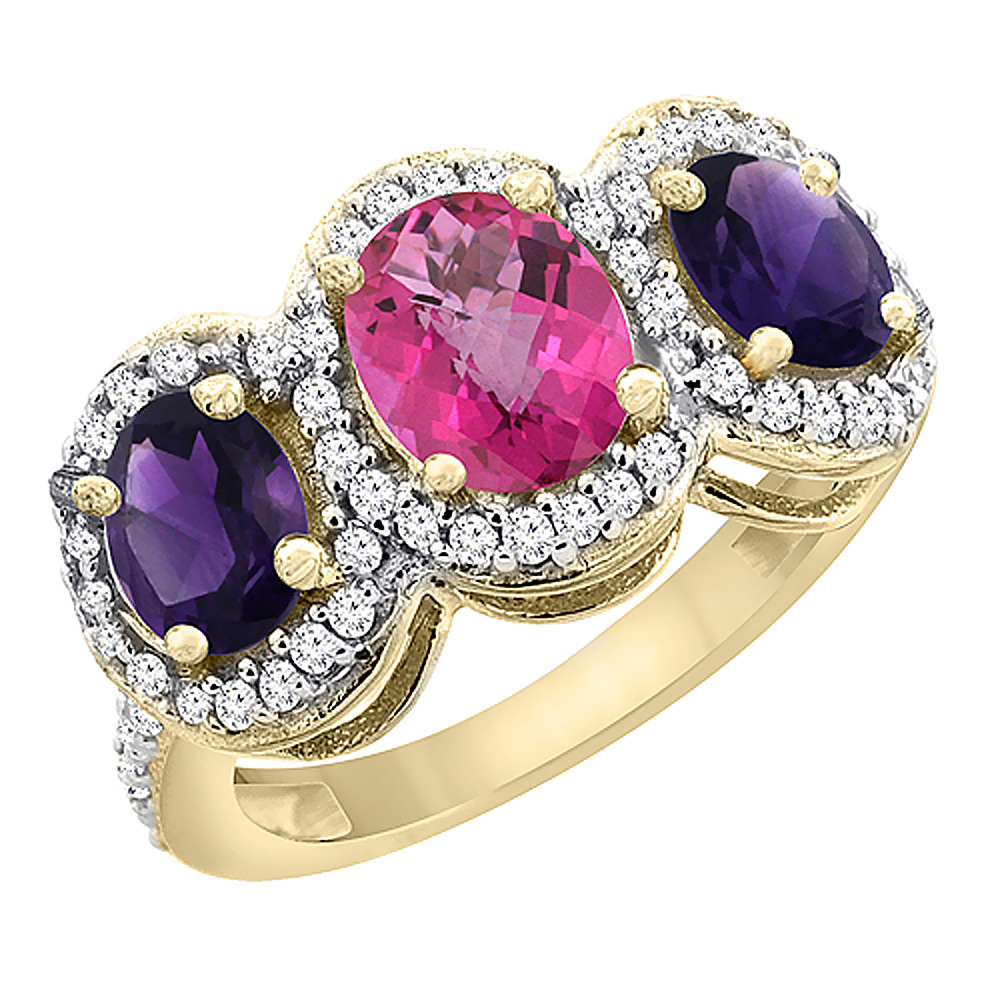 14K Yellow Gold Natural Pink Topaz & Amethyst 3-Stone Ring Oval Diamond Accent, sizes 5 - 10