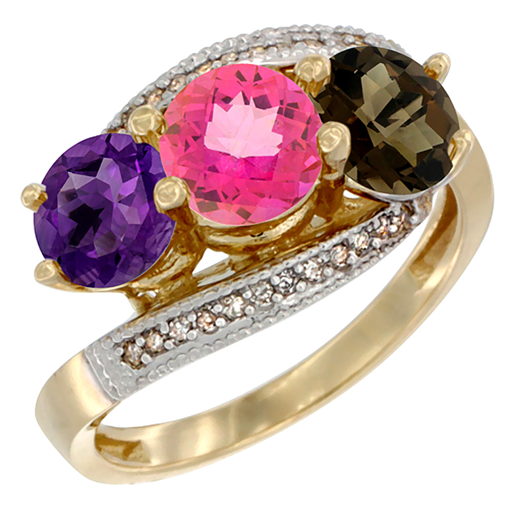10K Yellow Gold Natural Amethyst, Pink & Smoky Topaz 3 stone Ring Round 6mm Diamond Accent, sizes 5 - 10