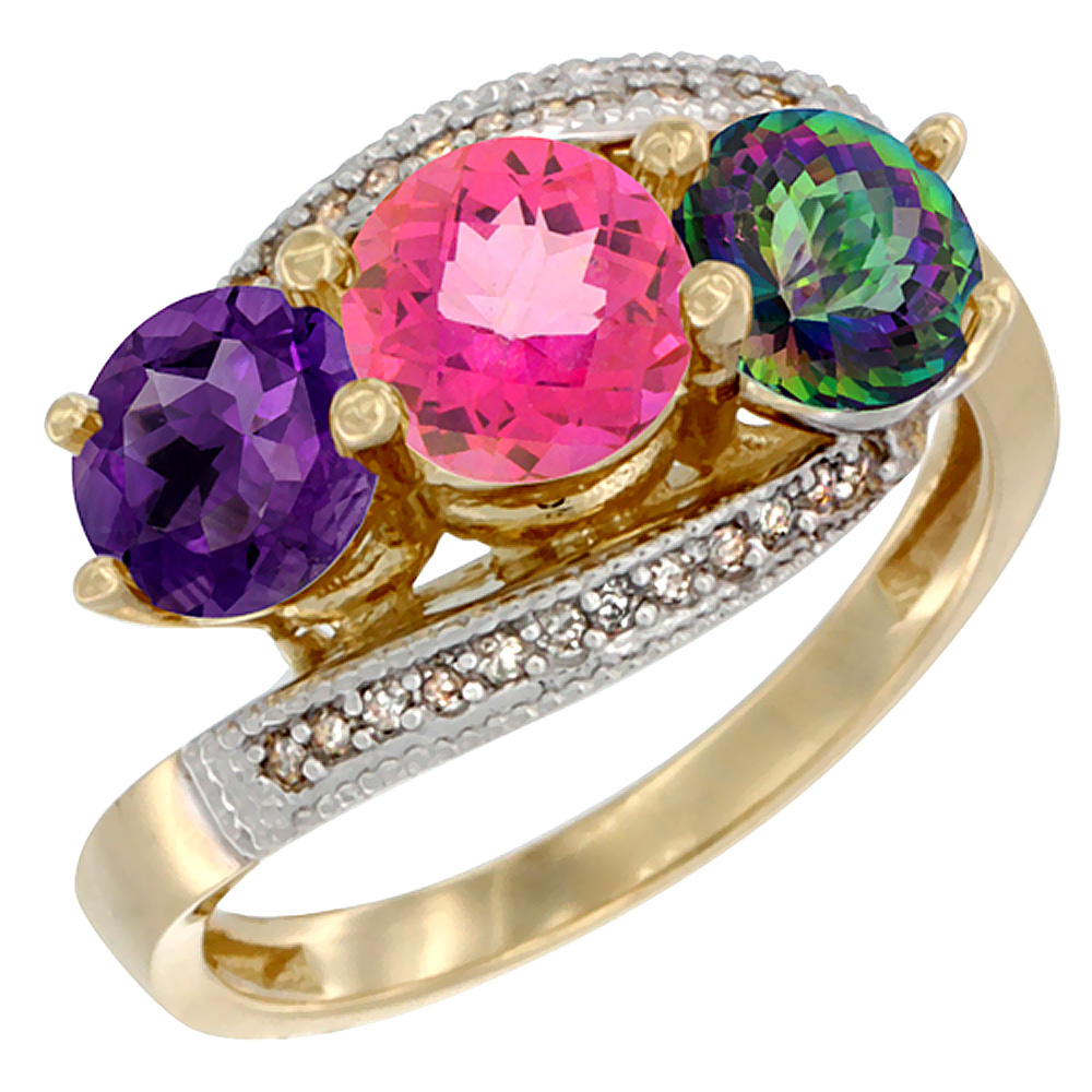 10K Yellow Gold Natural Amethyst, Pink & Mystic Topaz 3 stone Ring Round 6mm Diamond Accent, sizes 5 - 10