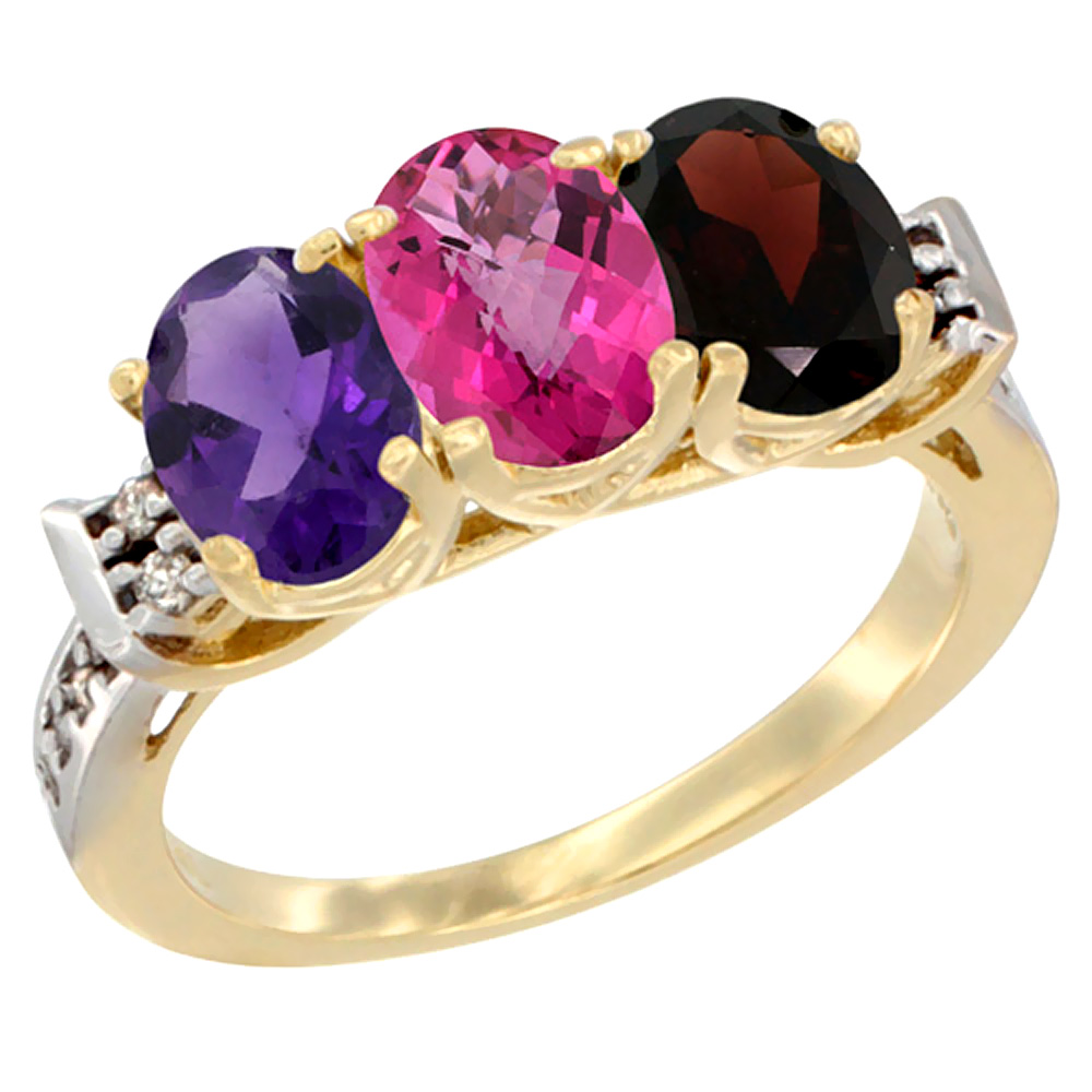 10K Yellow Gold Natural Amethyst, Pink Topaz & Garnet Ring 3-Stone Oval 7x5 mm Diamond Accent, sizes 5 - 10