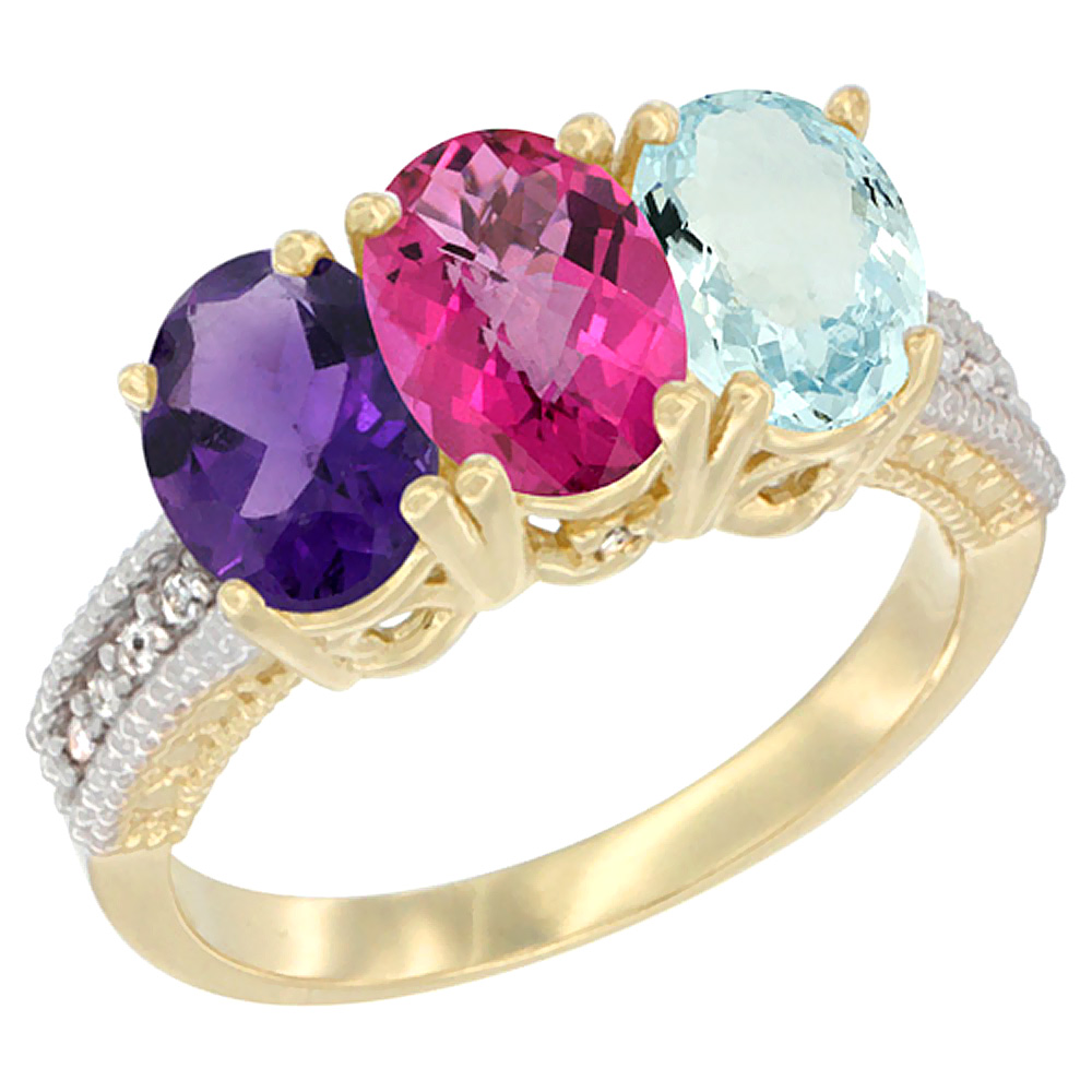 14K Yellow Gold Natural Amethyst, Pink Topaz &amp; Aquamarine Ring 3-Stone 7x5 mm Oval Diamond Accent, sizes 5 - 10