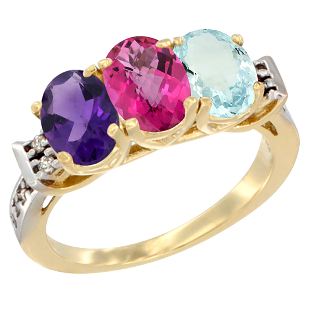 14K Yellow Gold Natural Amethyst, Pink Topaz & Aquamarine Ring 3-Stone 7x5 mm Oval Diamond Accent, sizes 5 - 10