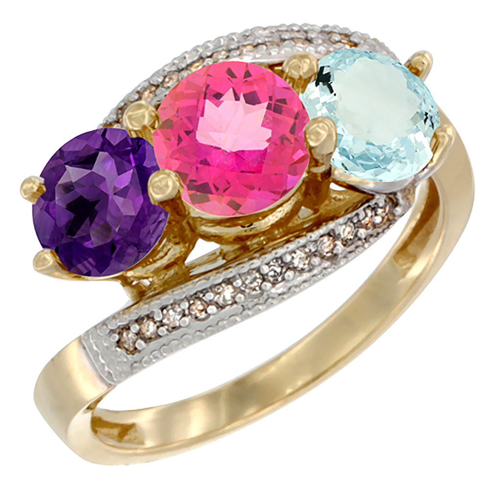 14K Yellow Gold Natural Amethyst, Pink Topaz & Aquamarine 3 stone Ring Round 6mm Diamond Accent, sizes 5 - 10