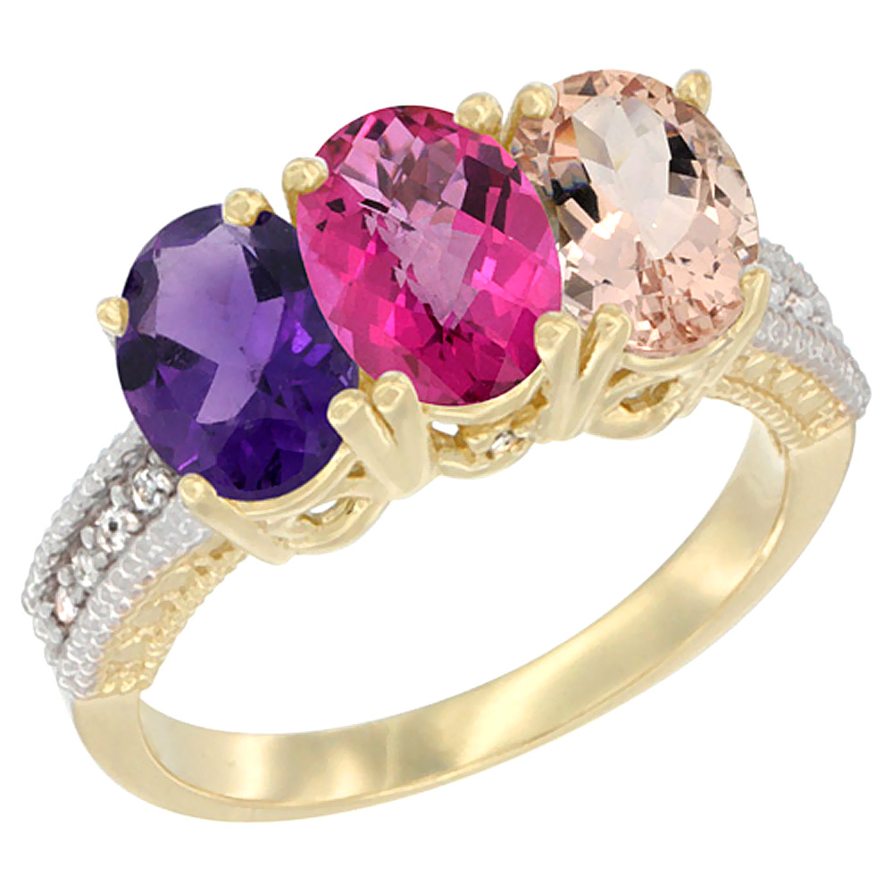 14K Yellow Gold Natural Amethyst, Pink Topaz & Morganite Ring 3-Stone 7x5 mm Oval Diamond Accent, sizes 5 - 10