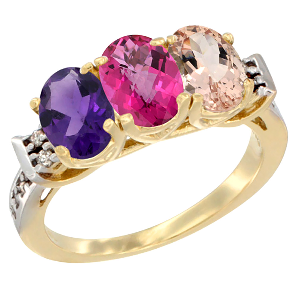 10K Yellow Gold Natural Amethyst, Pink Topaz &amp; Morganite Ring 3-Stone Oval 7x5 mm Diamond Accent, sizes 5 - 10