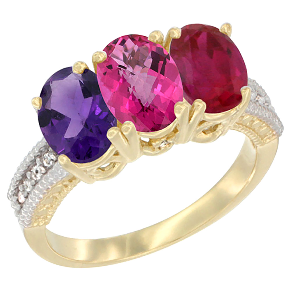 14K Yellow Gold Natural Amethyst, Pink Topaz &amp; Enhanced Ruby Ring 3-Stone 7x5 mm Oval Diamond Accent, sizes 5 - 10