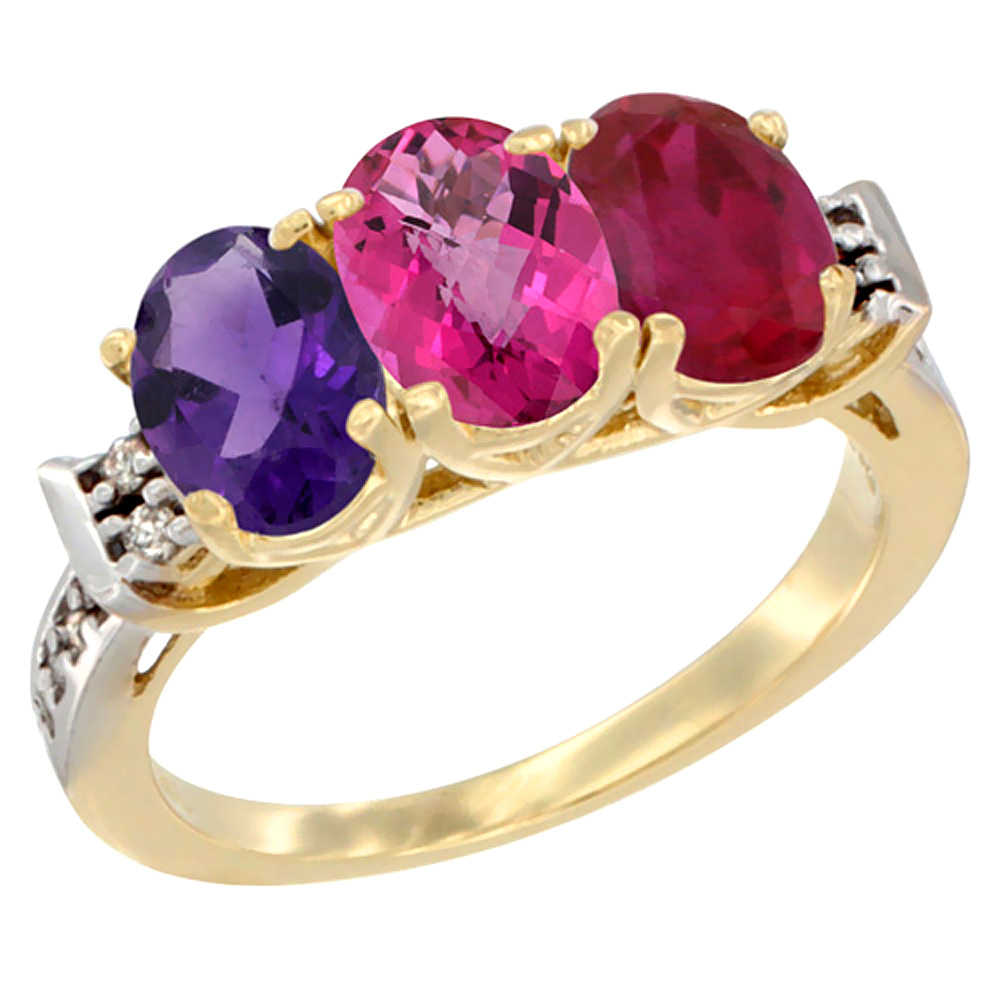 10K Yellow Gold Natural Amethyst, Pink Topaz & Enhanced Ruby Ring 3-Stone Oval 7x5 mm Diamond Accent, sizes 5 - 10