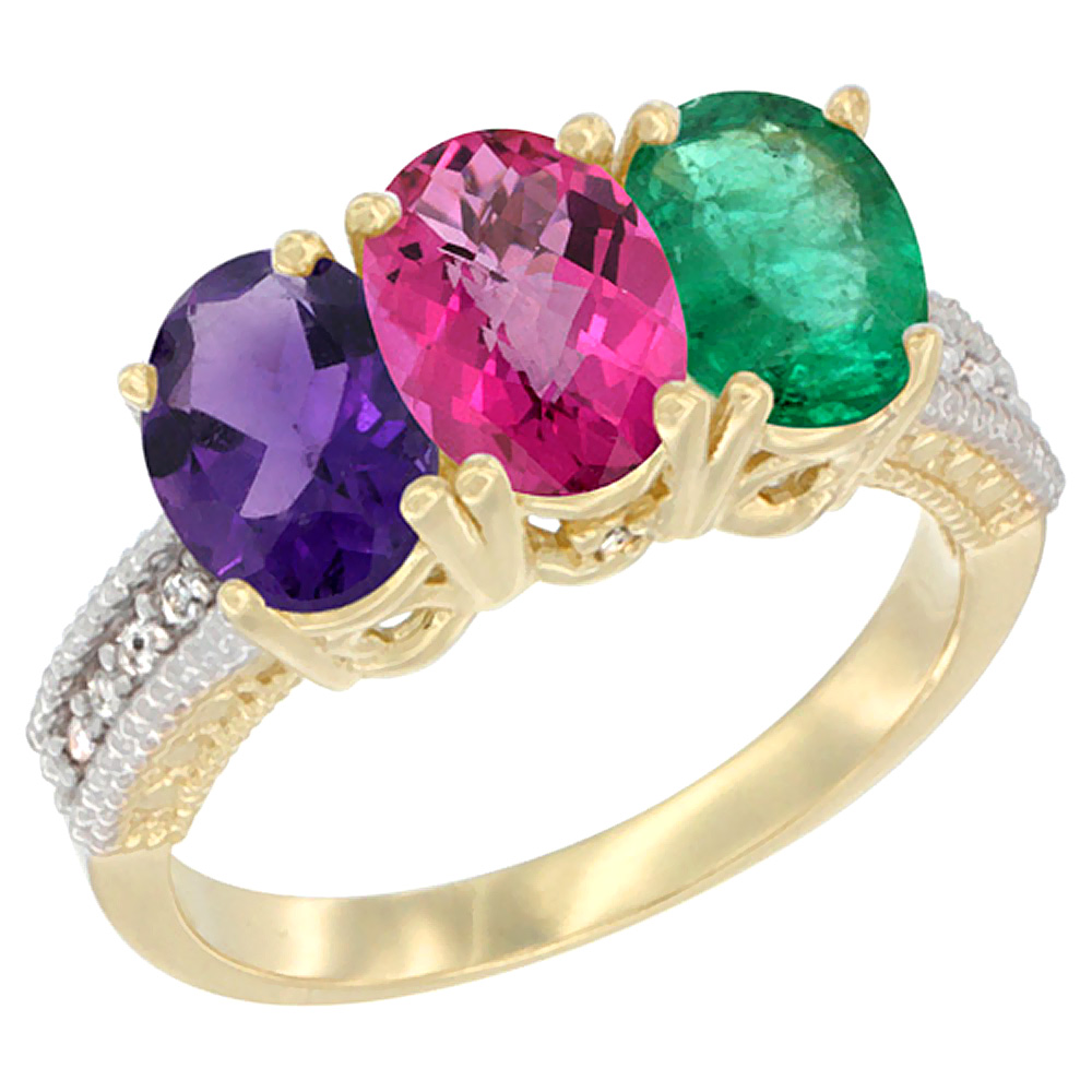 10K Yellow Gold Diamond Natural Amethyst, Pink Topaz & Emerald Ring Oval 3-Stone 7x5 mm,sizes 5-10
