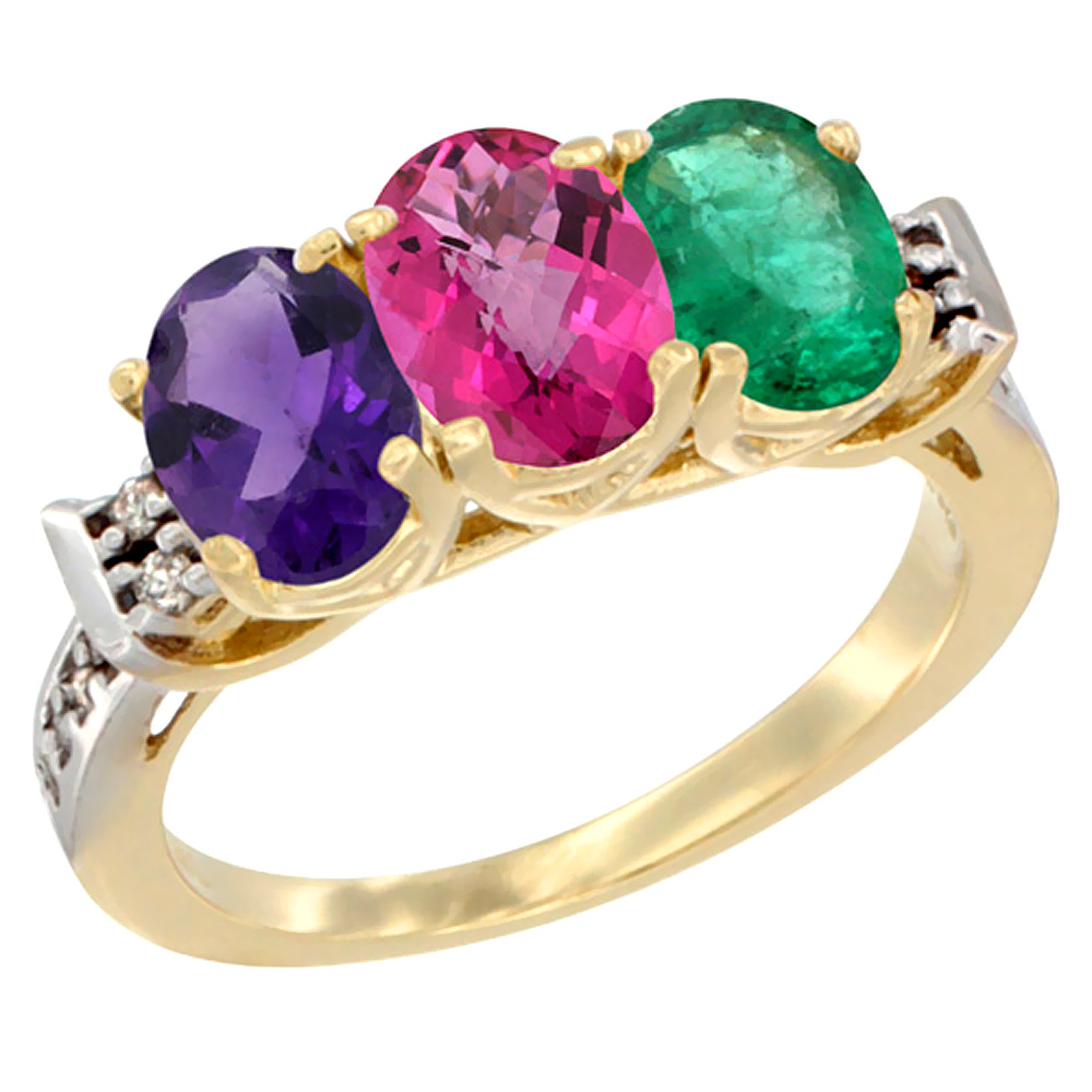 14K Yellow Gold Natural Amethyst, Pink Topaz &amp; Emerald Ring 3-Stone 7x5 mm Oval Diamond Accent, sizes 5 - 10