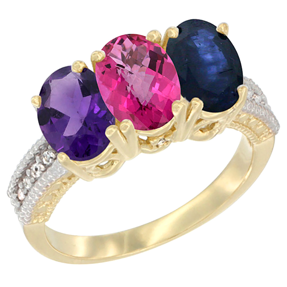 14K Yellow Gold Natural Amethyst, Pink Topaz & Blue Sapphire Ring 3-Stone 7x5 mm Oval Diamond Accent, sizes 5 - 10