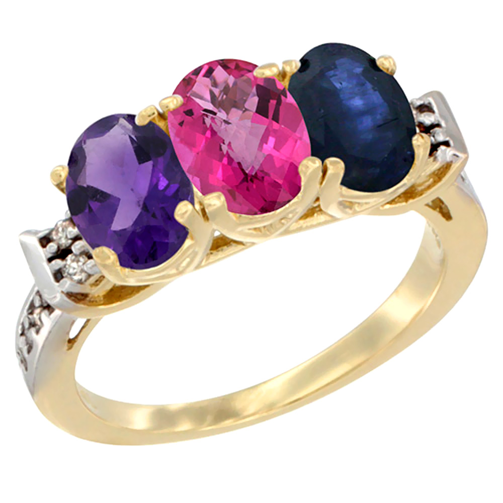 14K Yellow Gold Natural Amethyst, Pink Topaz &amp; Blue Sapphire Ring 3-Stone 7x5 mm Oval Diamond Accent, sizes 5 - 10