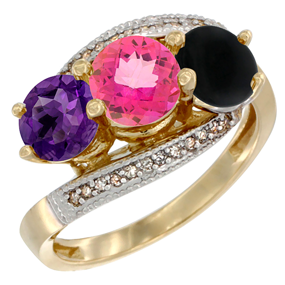 10K Yellow Gold Natural Amethyst, Pink Topaz & Black Onyx 3 stone Ring Round 6mm Diamond Accent, sizes 5 - 10