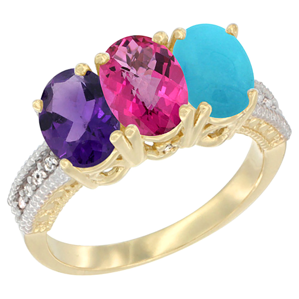 10K Yellow Gold Diamond Natural Amethyst, Pink Topaz &amp; Turquoise Ring Oval 3-Stone 7x5 mm,sizes 5-10
