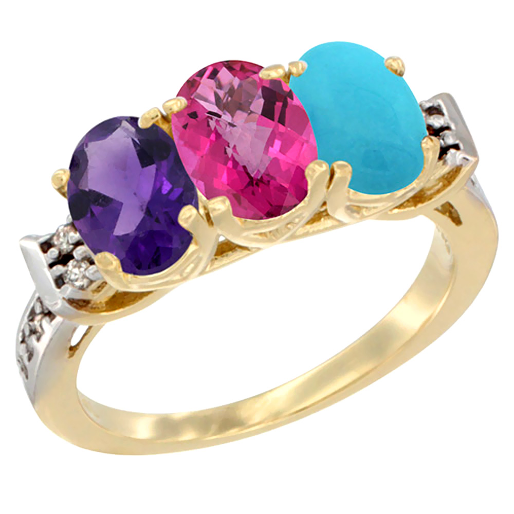 14K Yellow Gold Natural Amethyst, Pink Topaz &amp; Turquoise Ring 3-Stone 7x5 mm Oval Diamond Accent, sizes 5 - 10