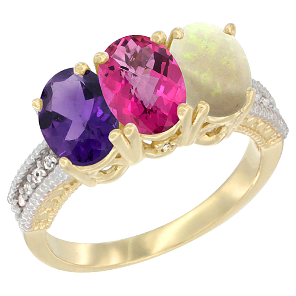 10K Yellow Gold Diamond Natural Amethyst, Pink Topaz &amp; Opal Ring Oval 3-Stone 7x5 mm,sizes 5-10