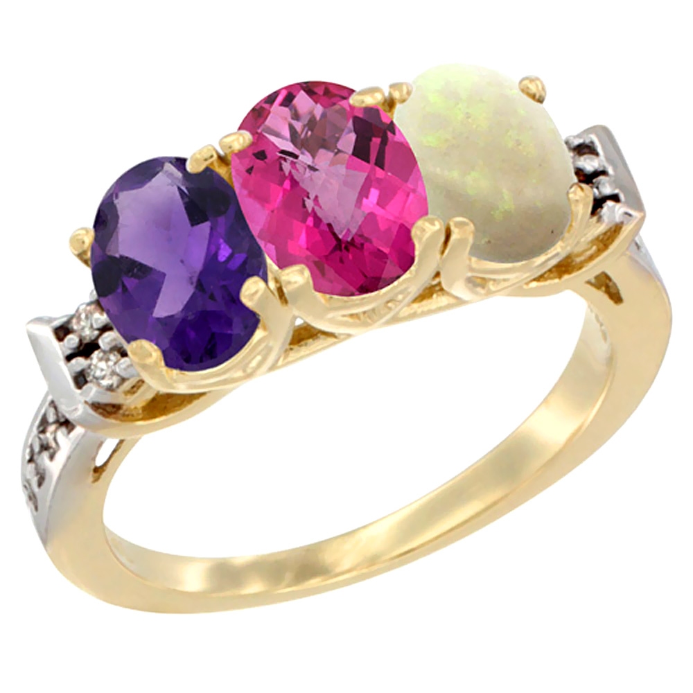 14K Yellow Gold Natural Amethyst, Pink Topaz &amp; Opal Ring 3-Stone 7x5 mm Oval Diamond Accent, sizes 5 - 10