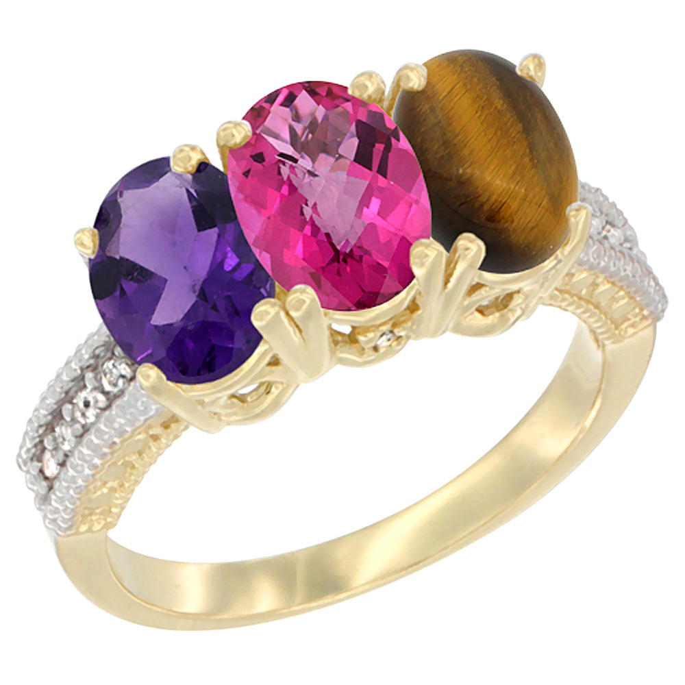 14K Yellow Gold Natural Amethyst, Pink Topaz & Tiger Eye Ring 3-Stone 7x5 mm Oval Diamond Accent, sizes 5 - 10