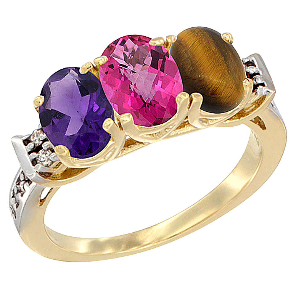10K Yellow Gold Natural Amethyst, Pink Topaz &amp; Tiger Eye Ring 3-Stone Oval 7x5 mm Diamond Accent, sizes 5 - 10