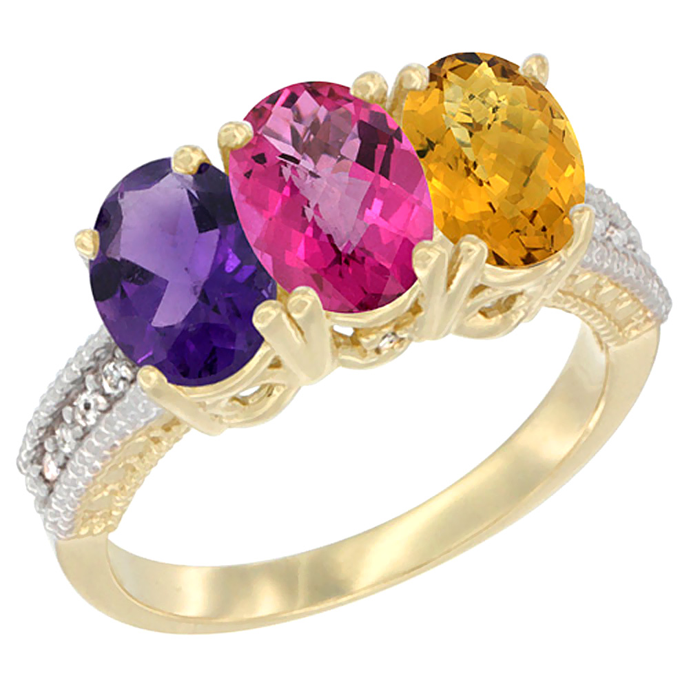 14K Yellow Gold Natural Amethyst, Pink Topaz &amp; Whisky Quartz Ring 3-Stone 7x5 mm Oval Diamond Accent, sizes 5 - 10
