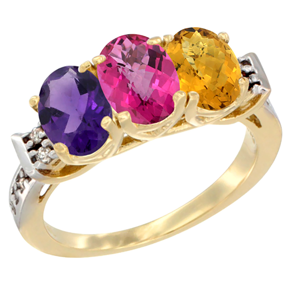10K Yellow Gold Natural Amethyst, Pink Topaz &amp; Whisky Quartz Ring 3-Stone Oval 7x5 mm Diamond Accent, sizes 5 - 10