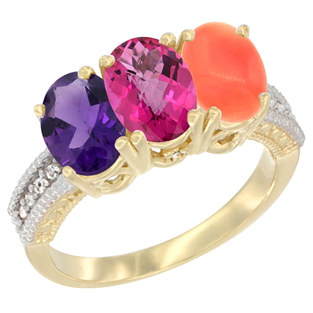 10K Yellow Gold Diamond Natural Amethyst, Pink Topaz & Coral Ring Oval 3-Stone 7x5 mm,sizes 5-10