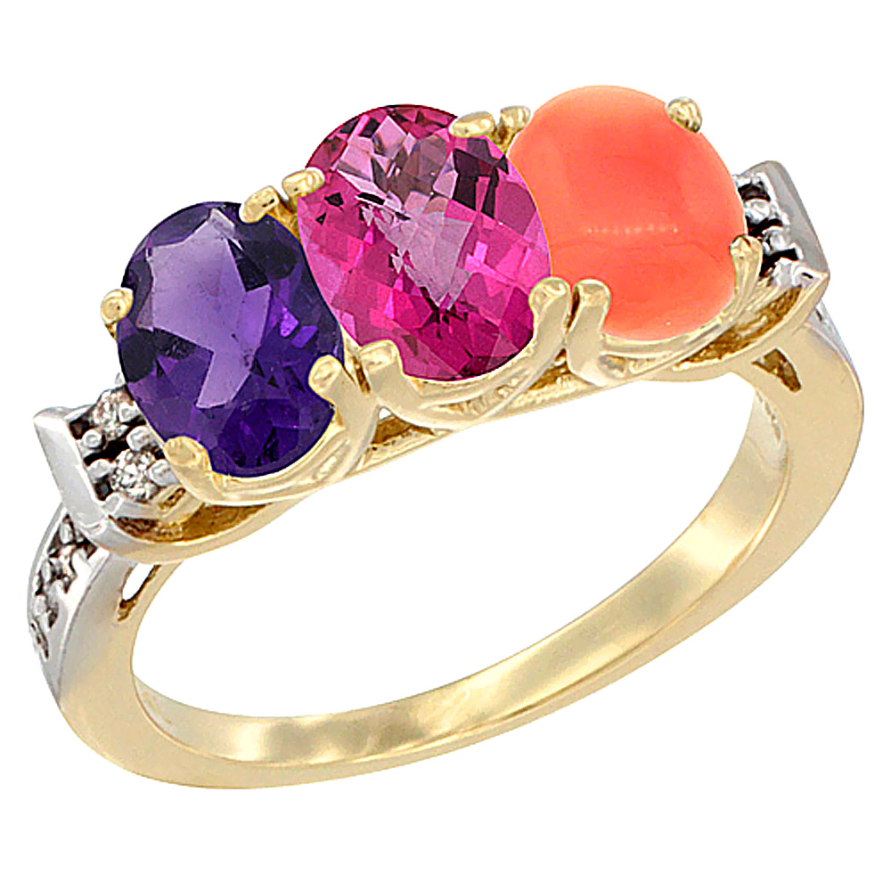 10K Yellow Gold Natural Amethyst, Pink Topaz & Coral Ring 3-Stone Oval 7x5 mm Diamond Accent, sizes 5 - 10
