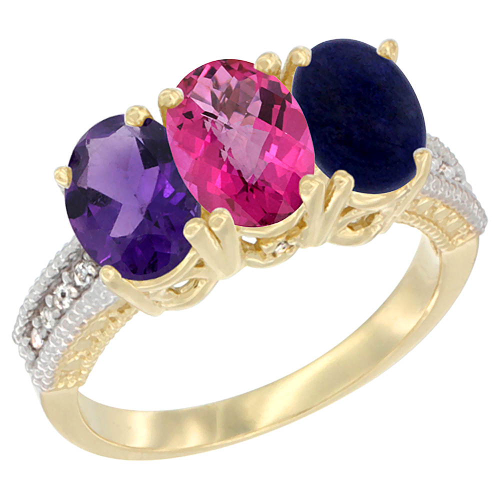 14K Yellow Gold Natural Amethyst, Pink Topaz & Lapis Ring 3-Stone 7x5 mm Oval Diamond Accent, sizes 5 - 10