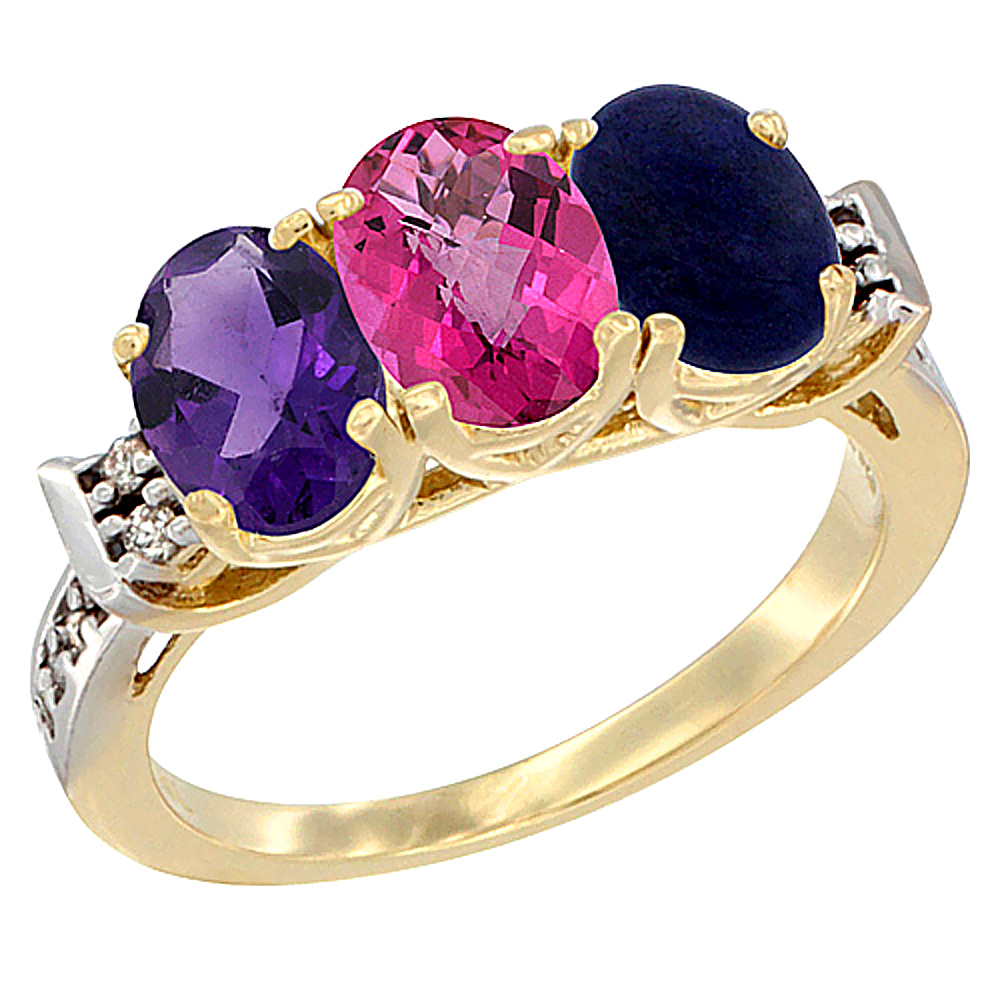 10K Yellow Gold Natural Amethyst, Pink Topaz & Lapis Ring 3-Stone Oval 7x5 mm Diamond Accent, sizes 5 - 10