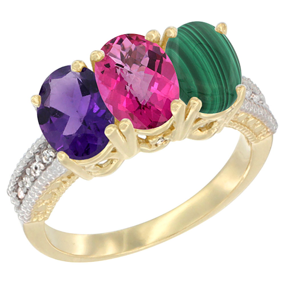 14K Yellow Gold Natural Amethyst, Pink Topaz & Malachite Ring 3-Stone 7x5 mm Oval Diamond Accent, sizes 5 - 10