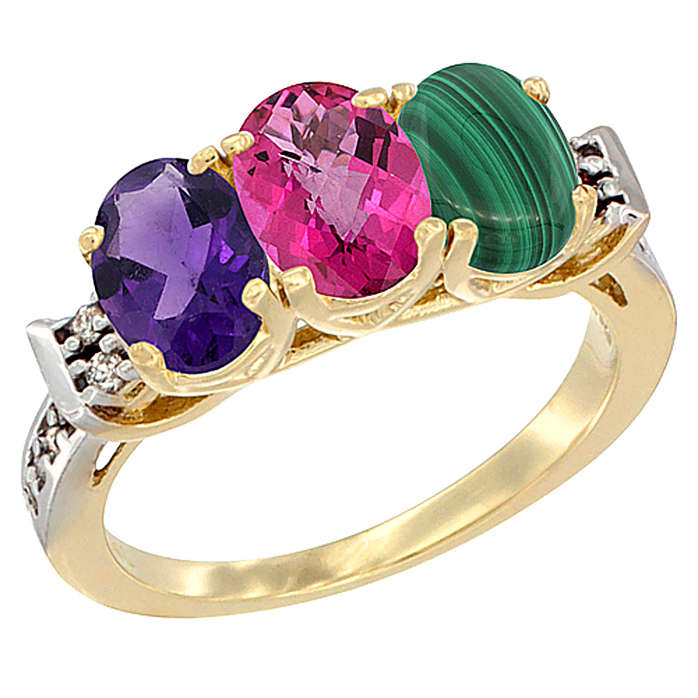 10K Yellow Gold Natural Amethyst, Pink Topaz & Malachite Ring 3-Stone Oval 7x5 mm Diamond Accent, sizes 5 - 10