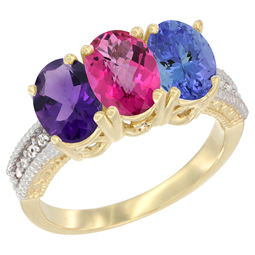 14K Yellow Gold Natural Amethyst, Pink Topaz &amp; Tanzanite Ring 3-Stone 7x5 mm Oval Diamond Accent, sizes 5 - 10