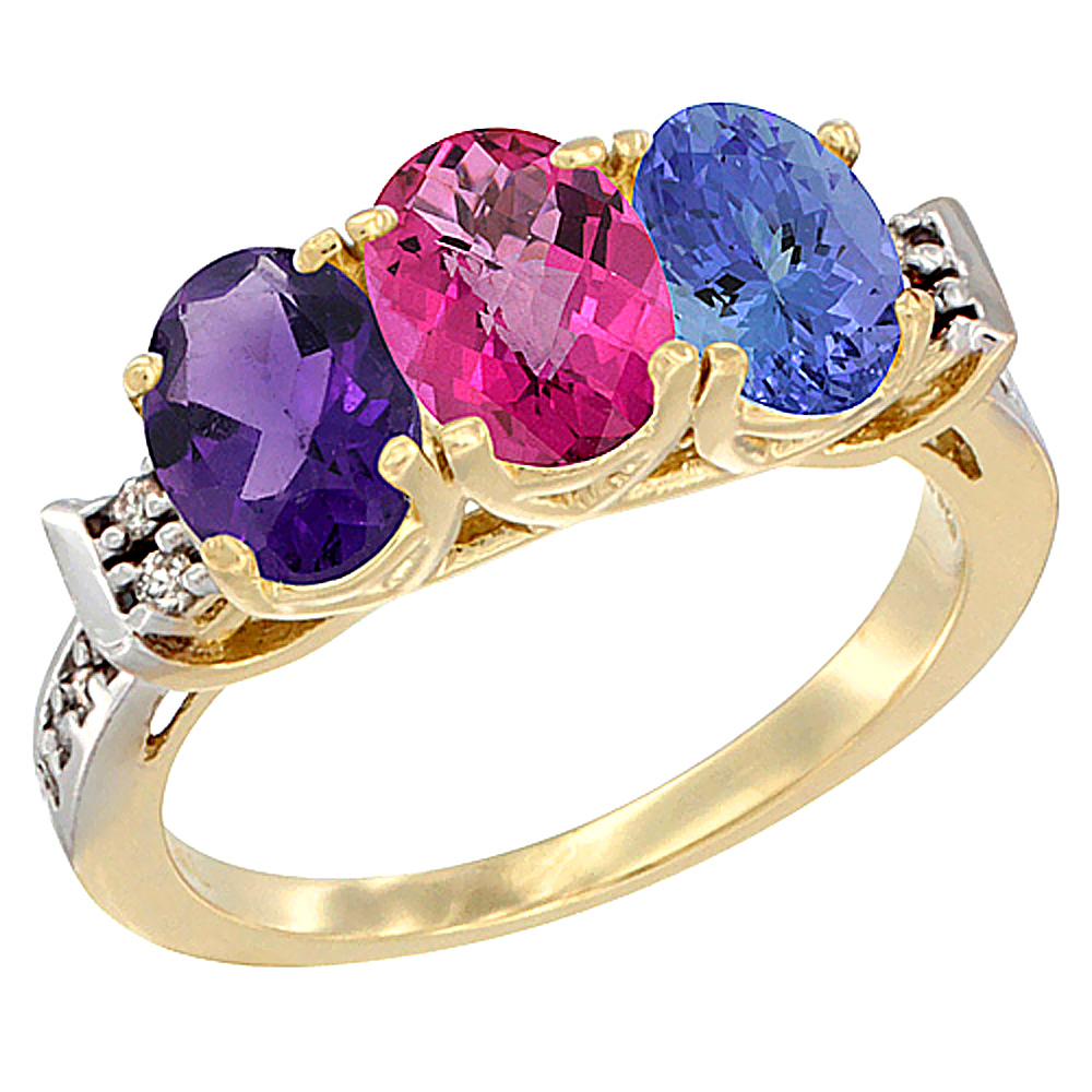 10K Yellow Gold Natural Amethyst, Pink Topaz &amp; Tanzanite Ring 3-Stone Oval 7x5 mm Diamond Accent, sizes 5 - 10
