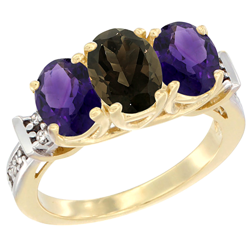 14K Yellow Gold Natural Smoky Topaz & Amethyst Sides Ring 3-Stone Oval Diamond Accent, sizes 5 - 10