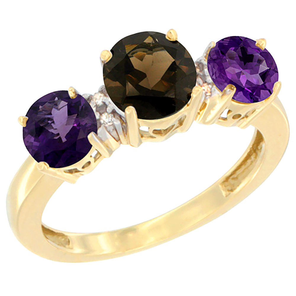 10K Yellow Gold Round 3-Stone Natural Smoky Topaz Ring &amp; Amethyst Sides Diamond Accent, sizes 5 - 10