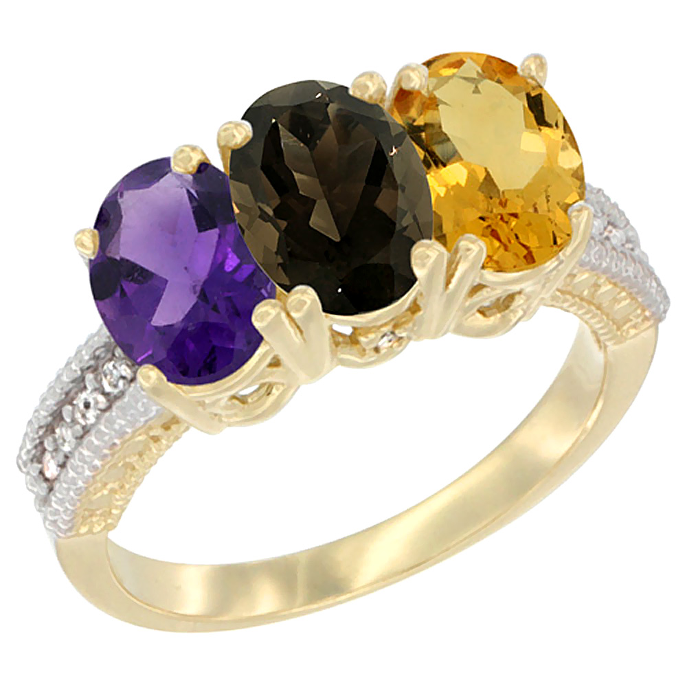 14K Yellow Gold Natural Amethyst, Smoky Topaz &amp; Citrine Ring 3-Stone 7x5 mm Oval Diamond Accent, sizes 5 - 10