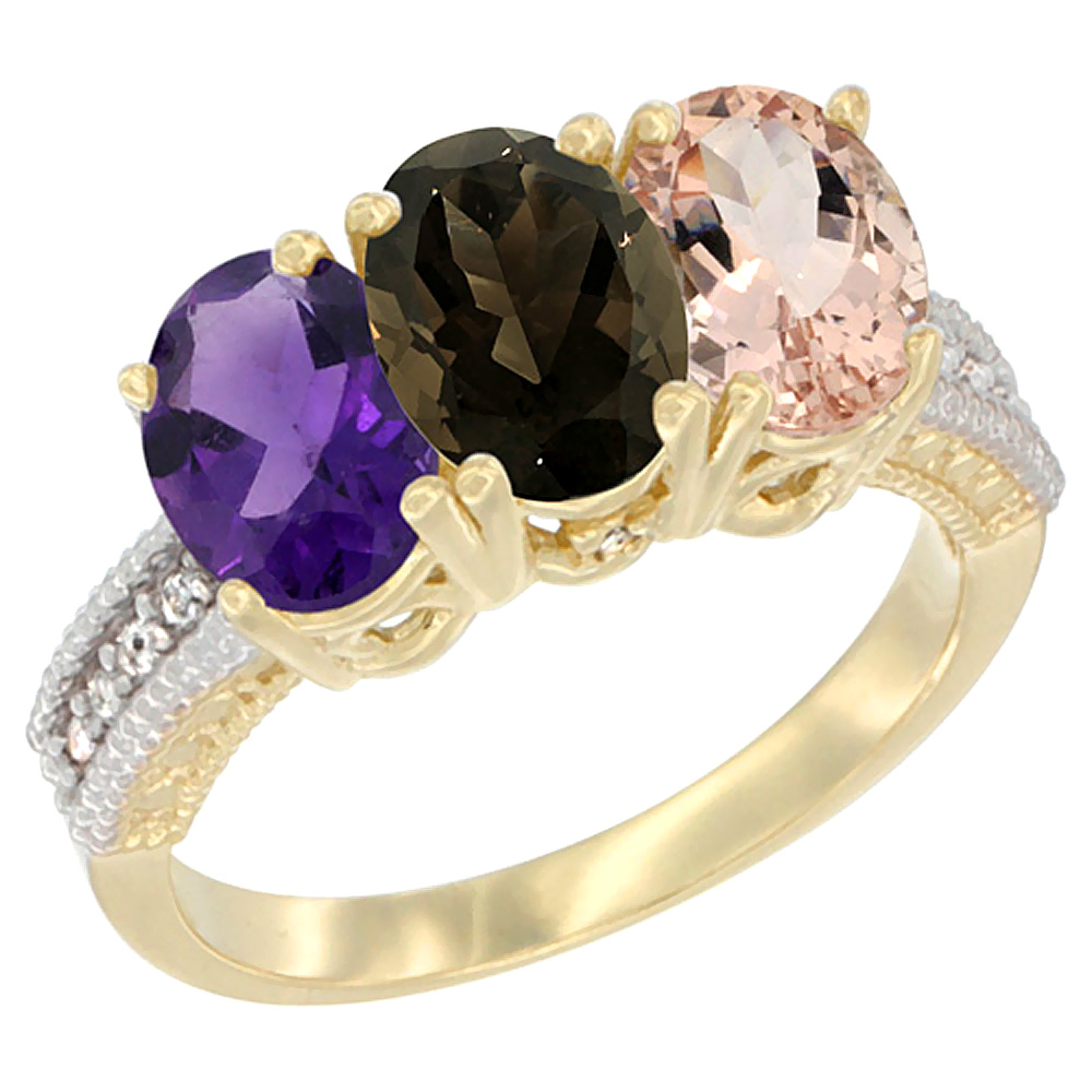 14K Yellow Gold Natural Amethyst, Smoky Topaz &amp; Morganite Ring 3-Stone 7x5 mm Oval Diamond Accent, sizes 5 - 10