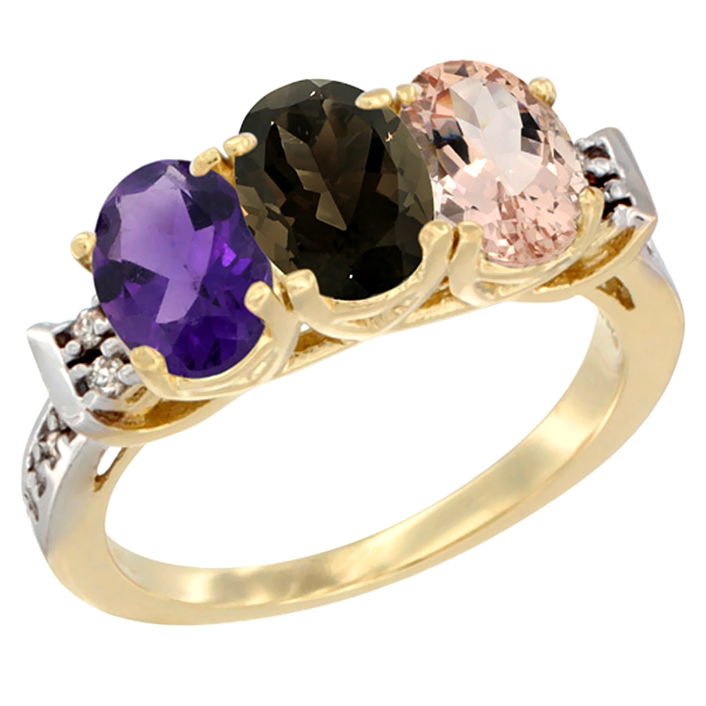 14K Yellow Gold Natural Amethyst, Smoky Topaz &amp; Morganite Ring 3-Stone 7x5 mm Oval Diamond Accent, sizes 5 - 10
